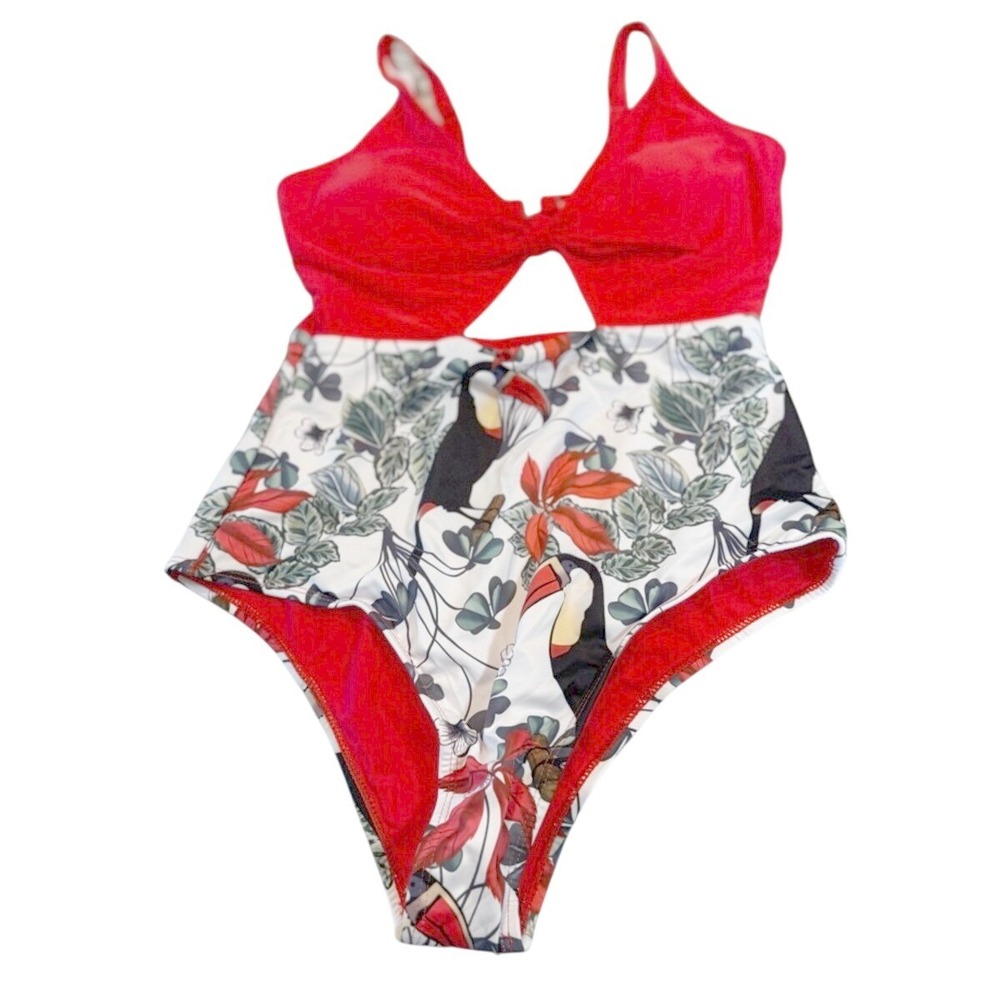 Red Tropical One-Piece Swimsuit with Toucan Print
